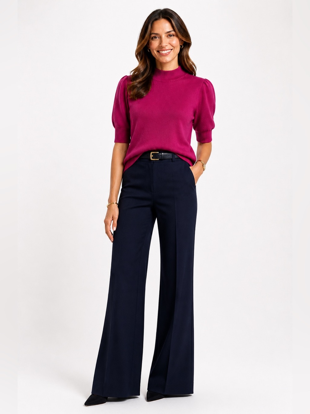 Ann Taylor Magenta Puff Sleeve Turtleneck Sweater